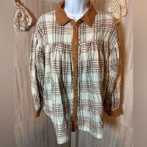 Easel Tan Brown and Cream Plaid Button Down Shirt Boho